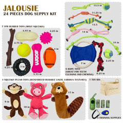 Jalousie dog toy bulk gift basket showcasing 24-pc set for dogs