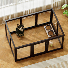 Jalove clear dog playpen assembled for quick setup and visibility.
