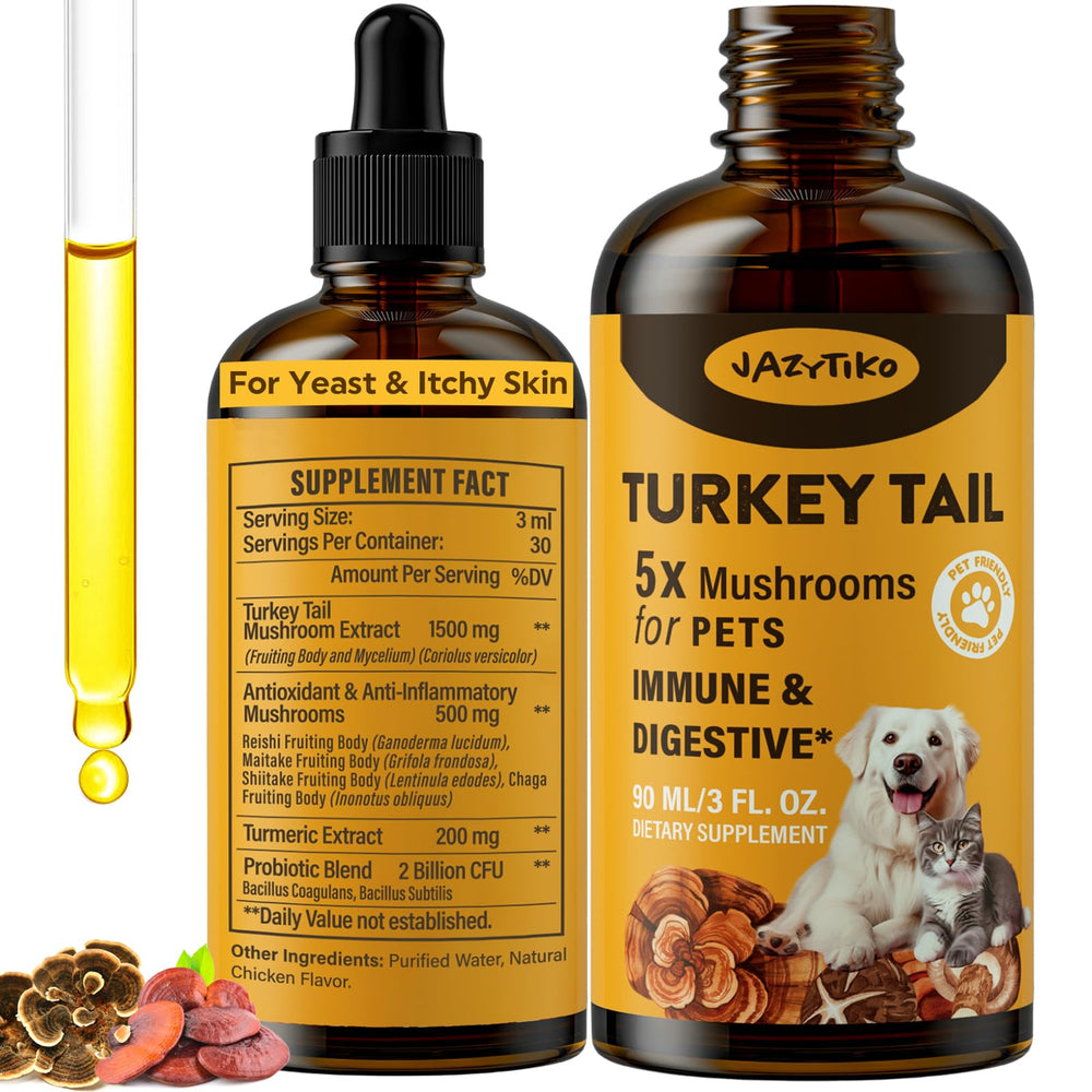Jazytiko Turkey Tail dogs supplement bottle showing immune and digestive support.