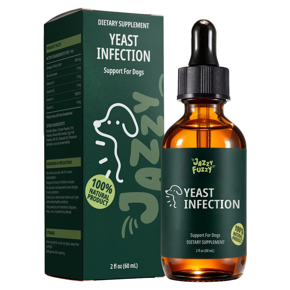 Jazzy Fuzzy Yeast Support Liquid bottle shown for dogs' skin balance.
