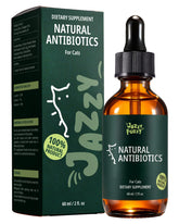Jazzy Fuzzy cat antibiotic supplement bottle label highlighting immune supporting blend
