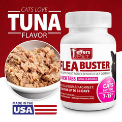Jeffers Pet Flea Buster USA-made label emphasizing quality manufacturing.