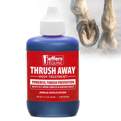 Jeffers Thrush Away 2oz bottle pour for easy hoof care during grooming