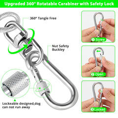 Jenico dog tie out cable with reflective coating for night-time visibility.