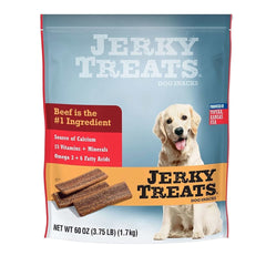 Jerky Treats Tender Beef Strips packaging showing a 60 oz bag for dogs, ideal for training rewards.