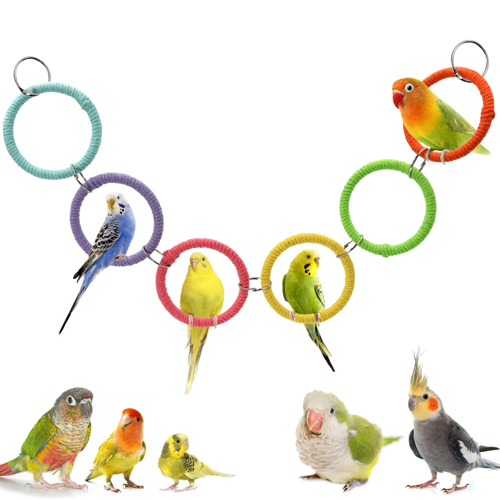 Jevnd 6-ring bird swing toy; promotes climbing and balance for parrots.