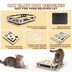 JHMFDDSB cat scratch puzzle box side view shows secure slot-and-lock stability.