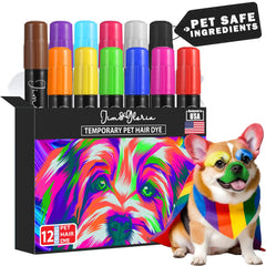 Jim&Gloria washable dog hair markers in 12 colors on fur for playful photos.