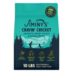 Jiminy's Cravin' Cricket dry dog food bag shows kibble for sensitive stomachs