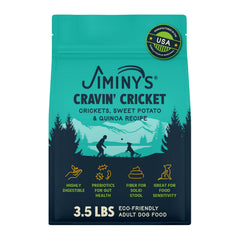 Jiminy's Cravin' Cricket Dry Dog Food packaging highlights sustainable sourcing and an eco-friendly bag.