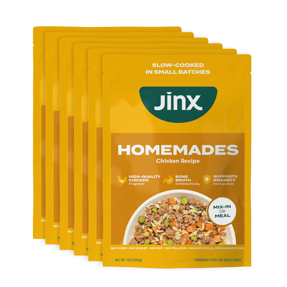 Jinx Chicken Wet Food pouch open, ready for a delicious dog dinner option.