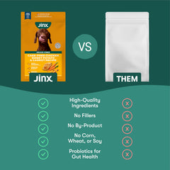 Jinx dry dog food kibble close-up with real chicken highlight.