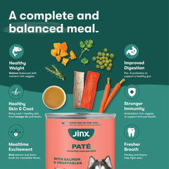 Jinx grain-free dog food no fillers supports sensitive stomachs.