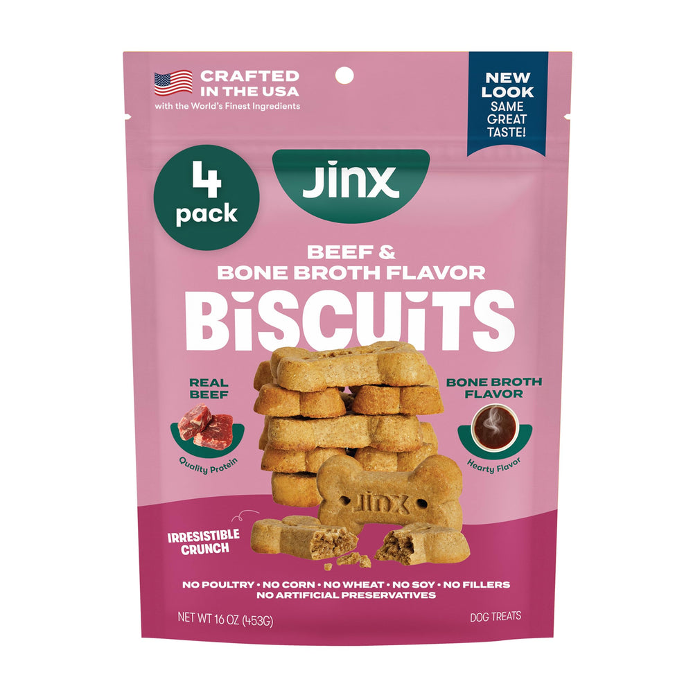 Jinx oven-baked beef bone broth biscuits providing a crunchy dog treat experience