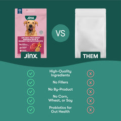 Close look at Jinx kibble with brown rice and sweet potato for steady energy.