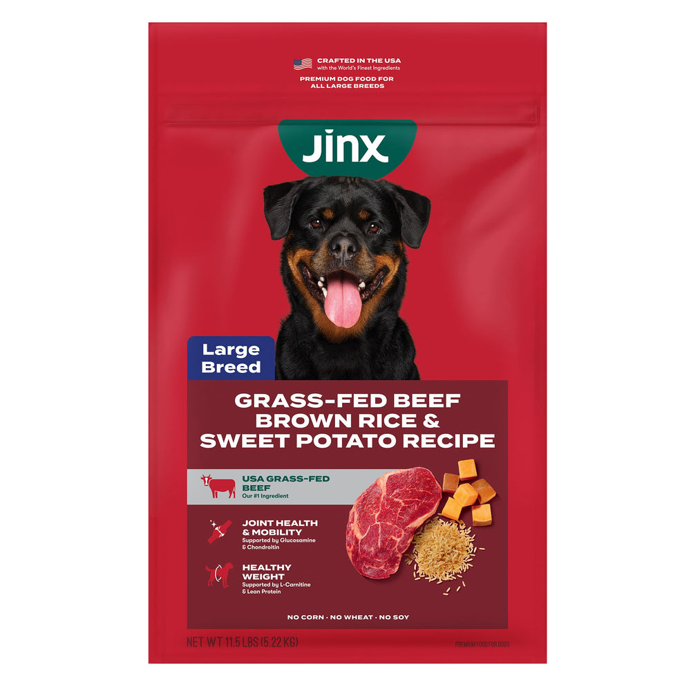 Jinx premium beef-kibble closeup showing real grass-fed beef for lean muscle support.