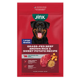 Jinx premium beef-kibble closeup showing real grass-fed beef for lean muscle support.