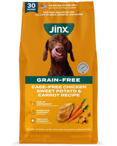 Jinx Premium grain-free dog food bag front showing packaging and 30 lb size.