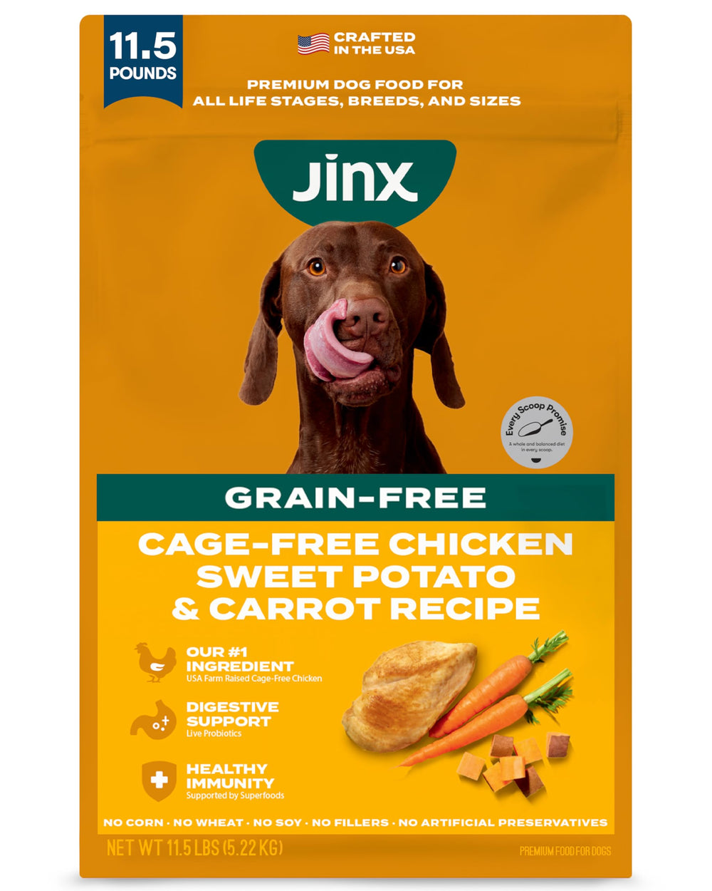 Jinx real-chicken kibble bag close highlights premium nutrition