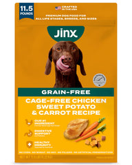 Jinx real-chicken kibble bag close highlights premium nutrition