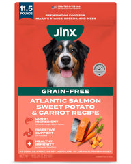 Jinx Premium real salmon kibble in bag supports lean muscle and overall nutrition.