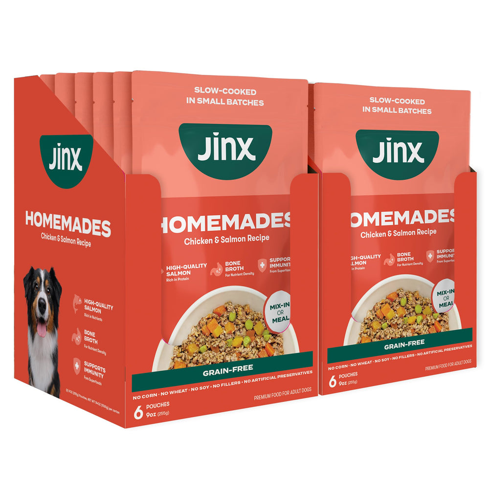 Jinx Salmon Wet Dog Food Topper served in bowl with kibble to entice picky eaters.