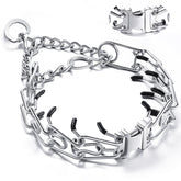 JIPIMON prong collar on a dog during a walk, durable steel for daily training.