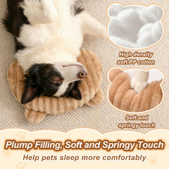 Jiupety dog calming pillow in use inside a cozy dog bed.