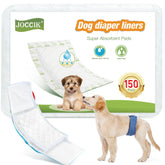 JOCCIK dog diaper liners 150ct pack front for slim, absorbent protection day and night.