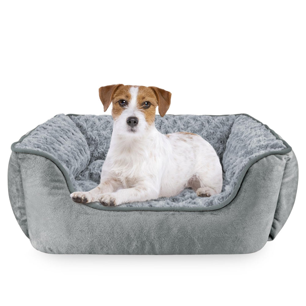 JOEJOY rectangle dog bed with rose-swirl faux fur for cozy lounging.