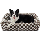 JOEJOY dog bed with checkered brown fabric offers cozy lounging for medium dogs.