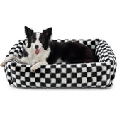 JOEJOY dog bed front view in black checkered fabric for cozy lounging.