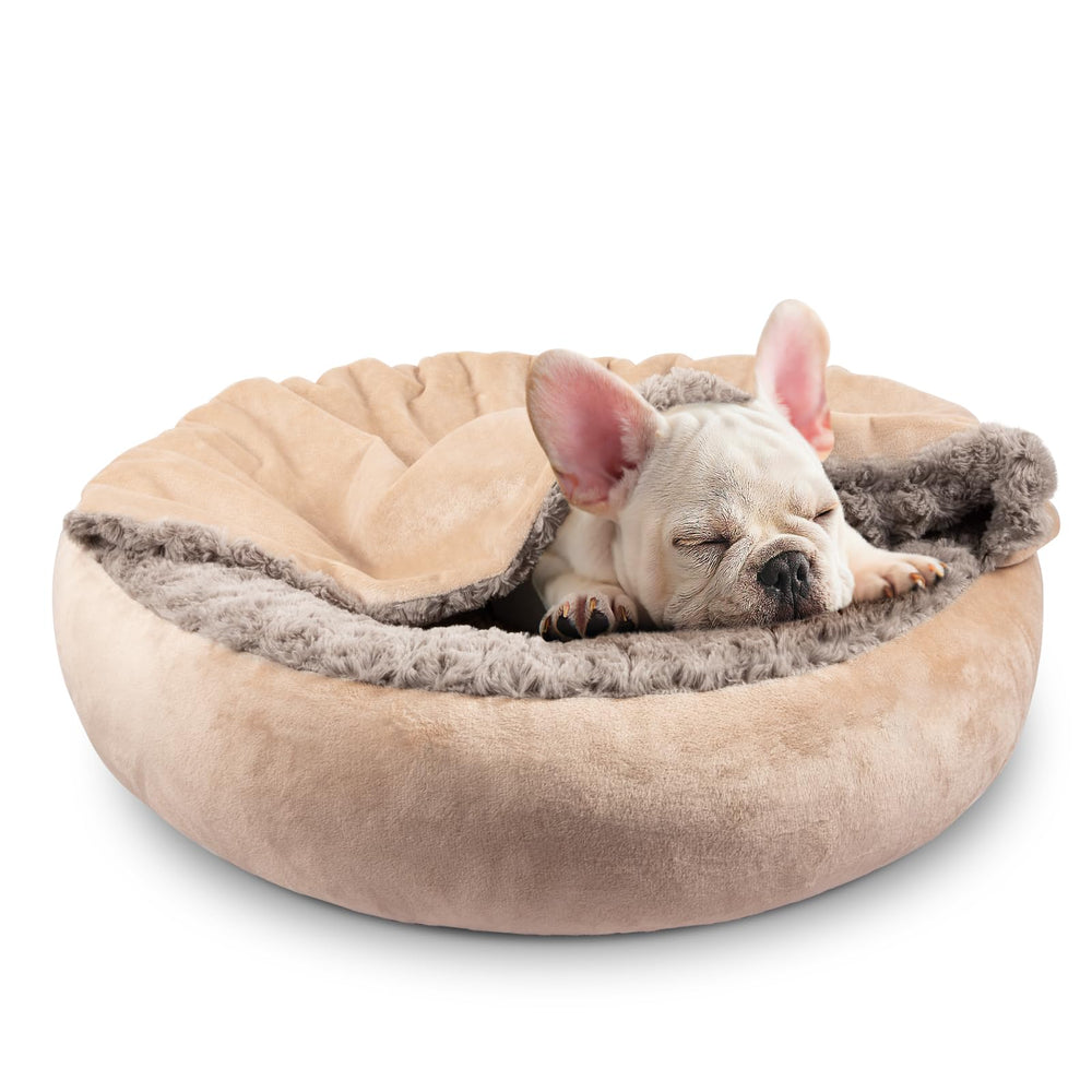 JOEJOY donut-round dog bed with attached blanket for cozy naps.