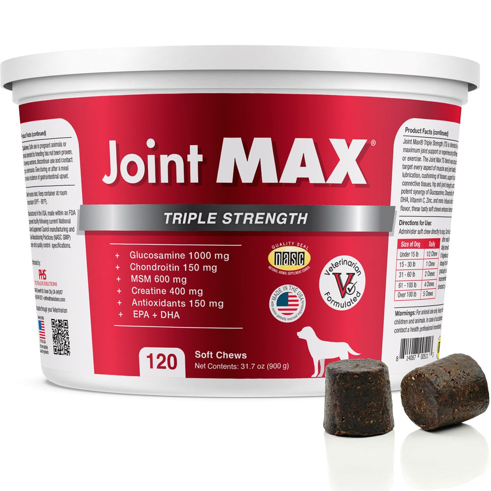 Joint Max TS bottle label shows dog joint support ingredients.