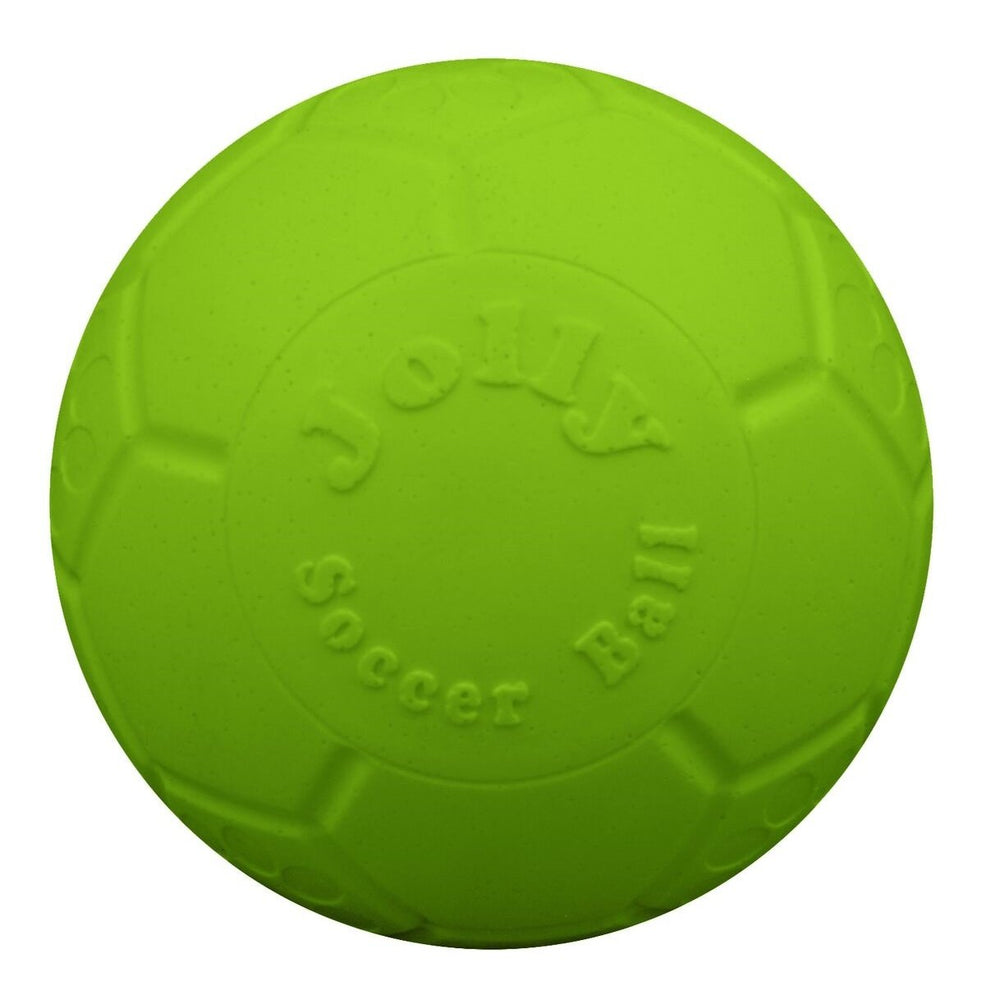 Jolly Pets Large Jolly Soccer Ball floating in water with green apple color for fetch.