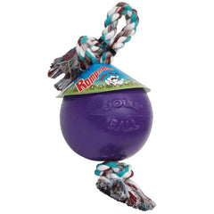 Jolly Pets Romp-n-Roll rope and ball toy in purple for engaging fetch and tug with large dogs.