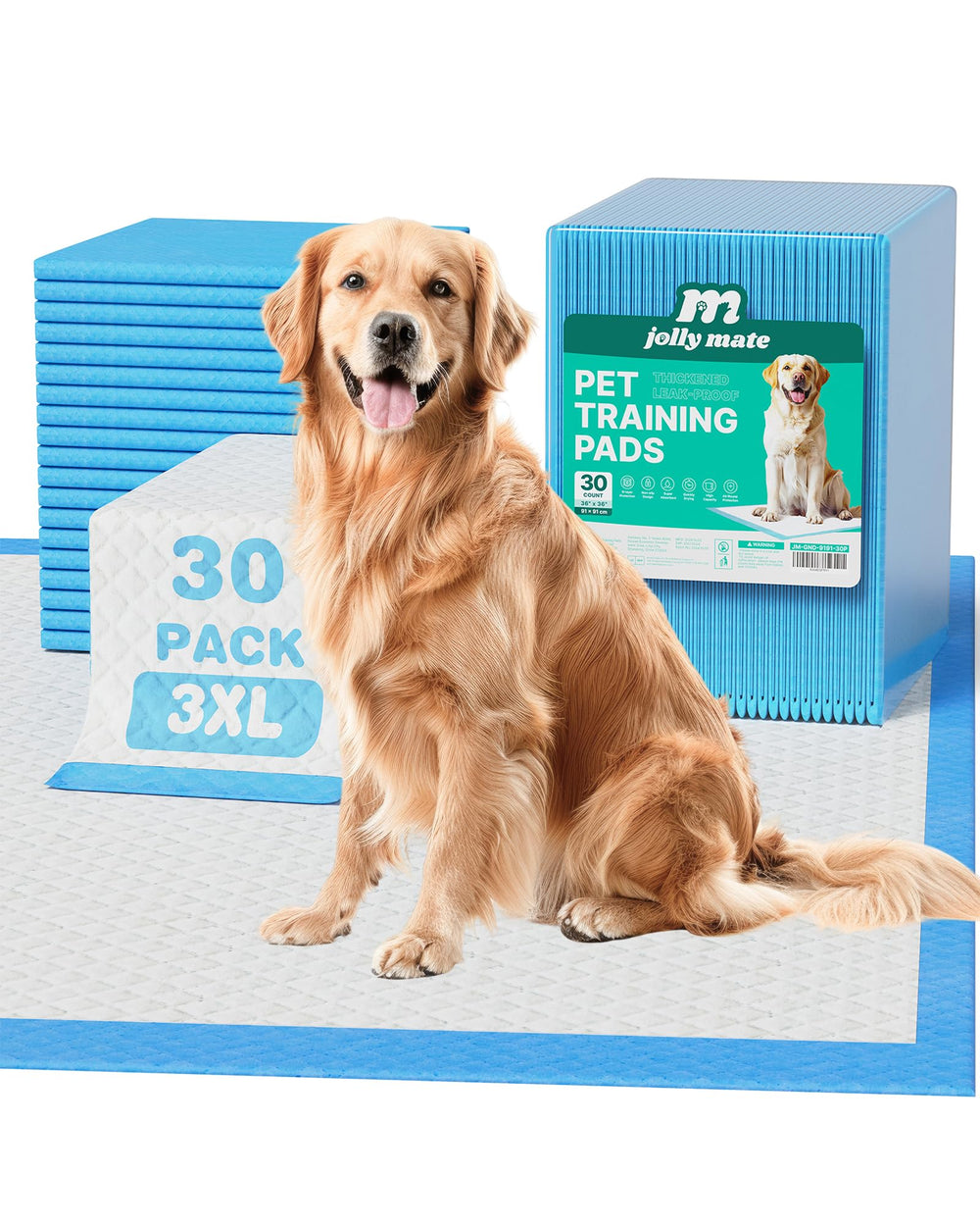 JollyMate 3XL dog pee pad 36x36 shows thick 6-layer absorption for large dogs.