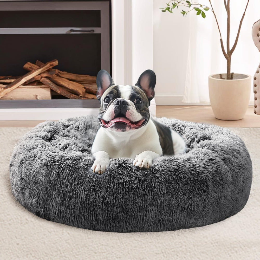 JOLLYVOGUE calming donut bed 23in in smoke black for small dogs, cozy and inviting.