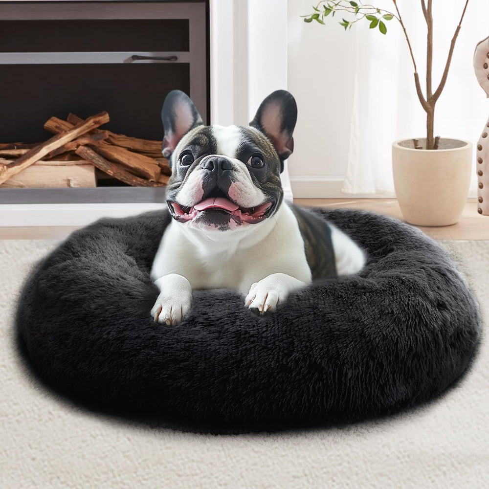 JOLLYVOGUE Calming Donut Bed 31in helps anxious dogs burrow and feel secure.