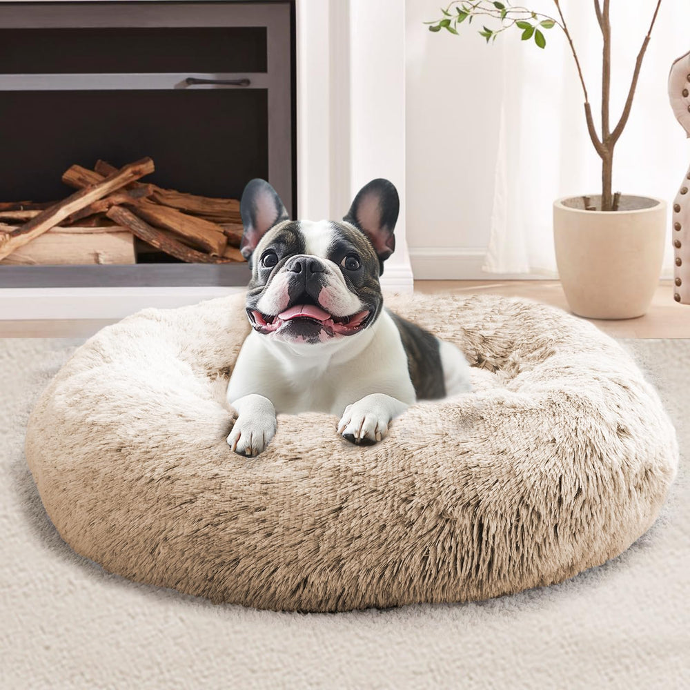 JOLLYVOGUE calming donut dog bed in cream brown for secure lounging.