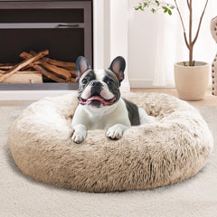 JOLLYVOGUE calming donut dog bed in cream brown for secure lounging.