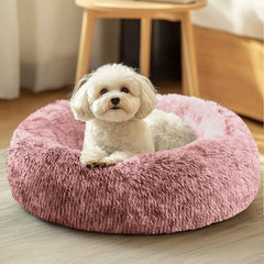 JOLLYVOGUE dog bed front view shows calming donut cushion for cozy warmth.