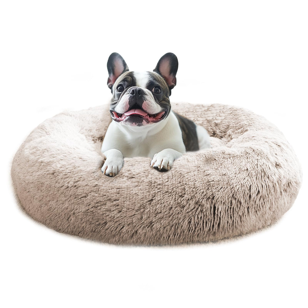 JOLLYVOGUE donut bed cream brown closeup highlights ultra-soft faux fur for cozy naps.