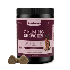 Jomielerr Calming Chews bottle highlights a dog-friendly daily calm.