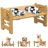 Jovrun elevated dog bowls stand assembly demonstrates sturdy bamboo construction for small pets.