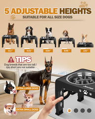 Jovrun five-height adjustable raised bowls illustrating height range for growing dogs