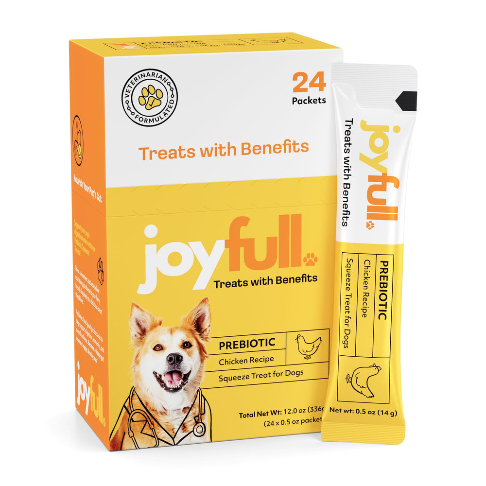 JoyFull Chicken Squeeze Treats packaging close-up showing real chicken flavor for training rewards and enrichment
