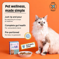 JoyFull Probiotic for Cats sprinkle on wet or dry food for convenient dosing.