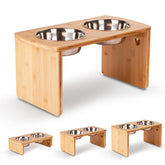 JOYOPAW elevated dog bowl stand featuring the bamboo frame and bowls.
