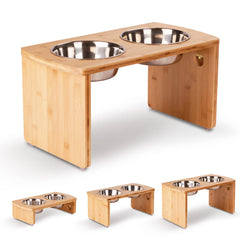 JOYOPAW elevated dog bowl stand featuring the bamboo frame and bowls.